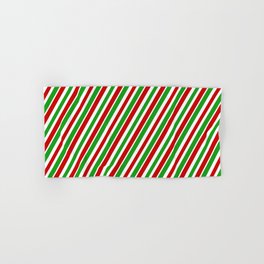 [ Thumbnail: Festive, Christmas Themed Red, White, and Green Colored Lined/Striped Pattern Hand & Bath Towel ]