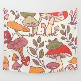 Mushroom and cute frog wild cottage core foraging vintage aesthetic pattern Wall Tapestry