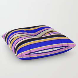 [ Thumbnail: Colorful Blue, Bisque, Goldenrod, Orchid, and Black Colored Stripes Pattern Floor Pillow ]