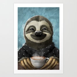 Sloth smilling with coffee latte Art Print