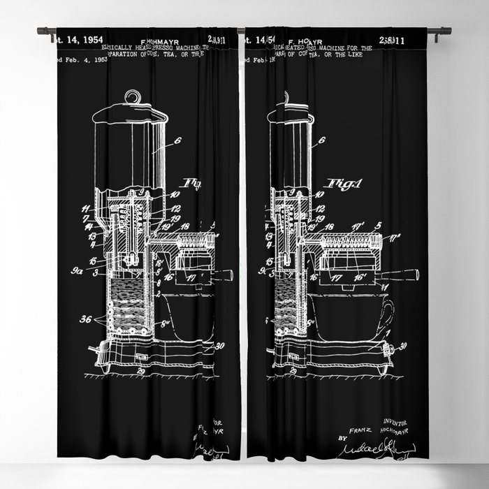 Espresso Machine Patent Artwork - White on Black Blackout Curtain