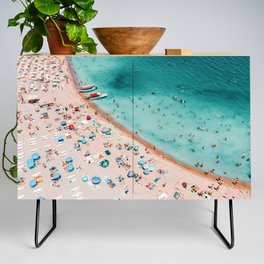 Ocean Pastel Aerial Beach Print, Beach Waves Art Print, Aerial Summer Pastel Beach Print, Beach Photography, People Umbrellas Art Print Credenza