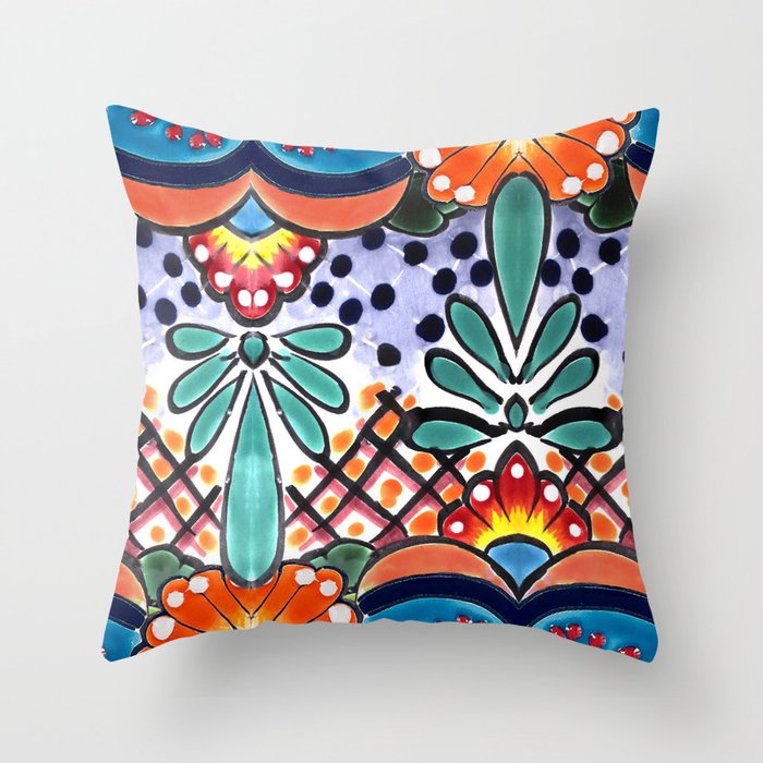 Colorful Talavera, Orange Accent, Large, Mexican Tile Design Throw Pillow