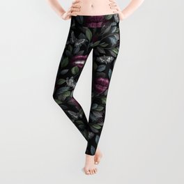 Woman's Red Lips with Butterflies in Foliage Leggings