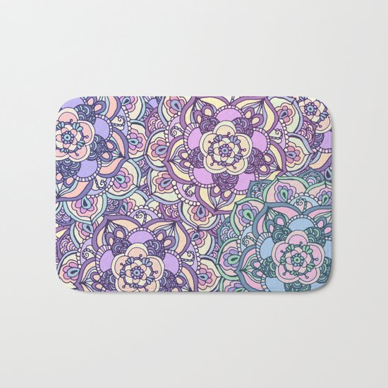 Aqua, Pink and Purple Doodled Pattern Bath Mat