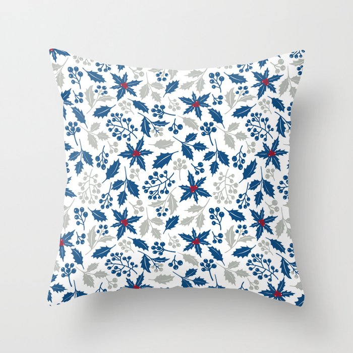 Holly and Ivy in Classic Blue and White Throw Pillow
