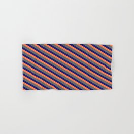[ Thumbnail: Dim Grey, Midnight Blue, and Coral Colored Lined Pattern Hand & Bath Towel ]