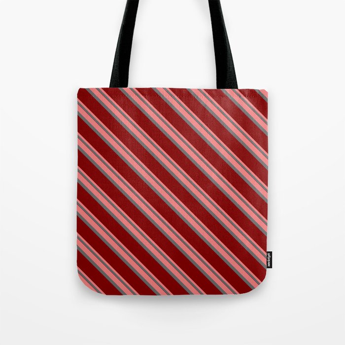 Light Coral, Dim Grey & Maroon Colored Pattern of Stripes Tote Bag