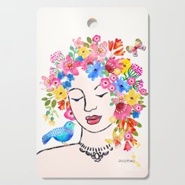 Colorful Watercolor Flower Hair Woman Talks to Birds Butterfly Cutting Board