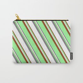 [ Thumbnail: Green, Grey, White, and Brown Colored Lined/Striped Pattern Carry-All Pouch ]