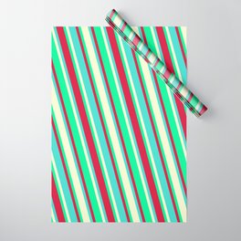 [ Thumbnail: Crimson, Turquoise, Light Yellow & Green Colored Stripes/Lines Pattern Wrapping Paper ]