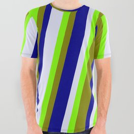 [ Thumbnail: Chartreuse, Green, Dark Blue & Lavender Colored Stripes/Lines Pattern All Over Graphic Tee ]