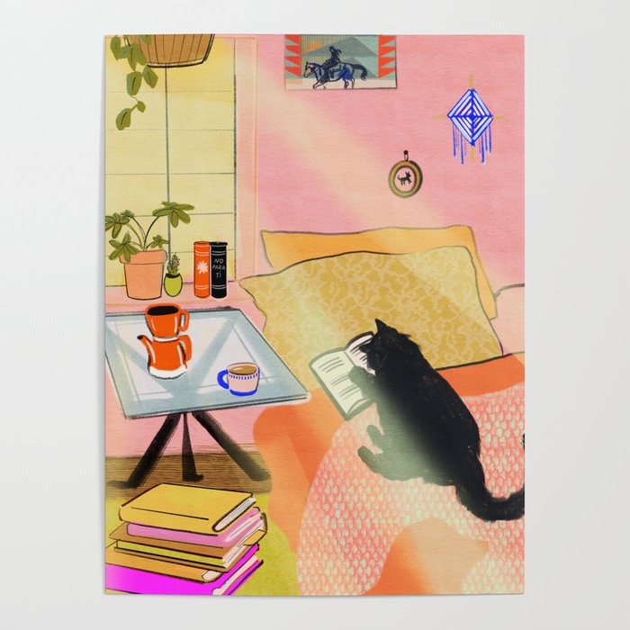 Well-Read Coffee Cat Poster | Painting, Digital, Black-cat, Cat, Kitty, Bedroom, Illustration, Plants, Books, Reading