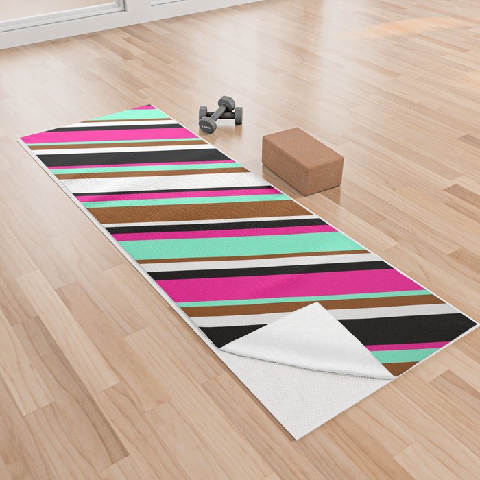 Vibrant Deep Pink, Aquamarine, Brown, White, and Black Colored Striped Pattern Yoga Towel
