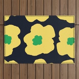 Large Pop-Art Retro Flowers in Yellow Green on Black Background  Outdoor Rug