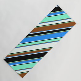 [ Thumbnail: Colorful Brown, Blue, Mint Cream, Black & Aquamarine Colored Striped Pattern Yoga Mat ]