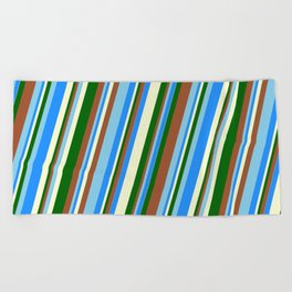 [ Thumbnail: Vibrant Sienna, Sky Blue, Blue, Light Yellow, and Dark Green Colored Striped Pattern Beach Towel ]