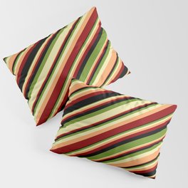 [ Thumbnail: Colorful Green, Pale Goldenrod, Brown, Dark Red & Black Colored Stripes Pattern Pillow Sham ]