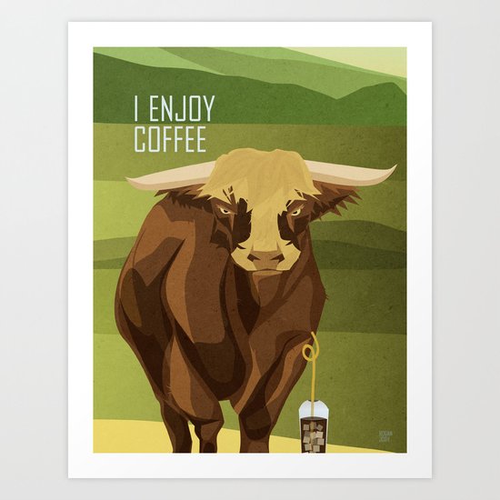 Bull Enjoys Coffee Art Print