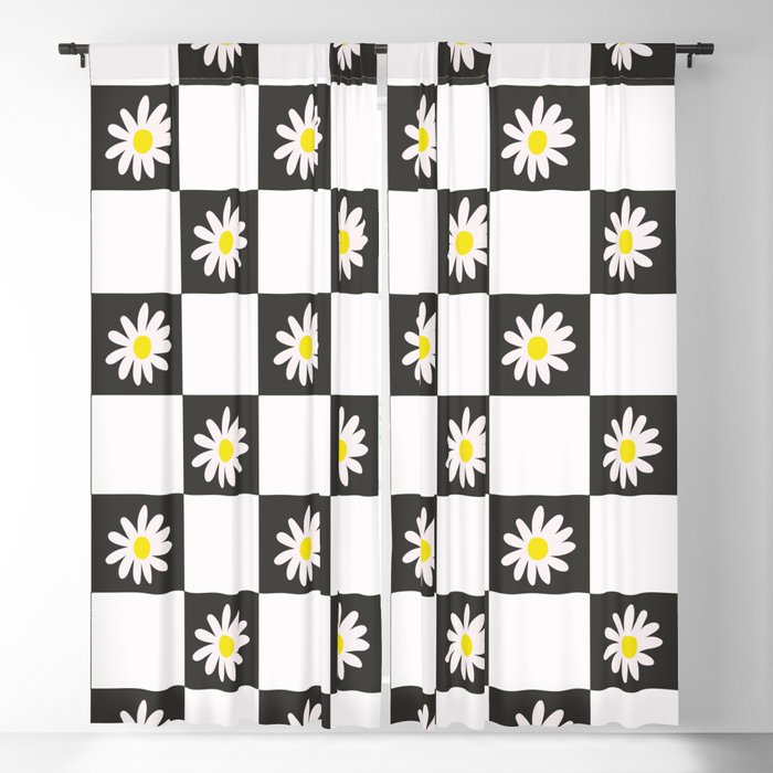 Black & White Daisy Checkered Pattern Blackout Curtain