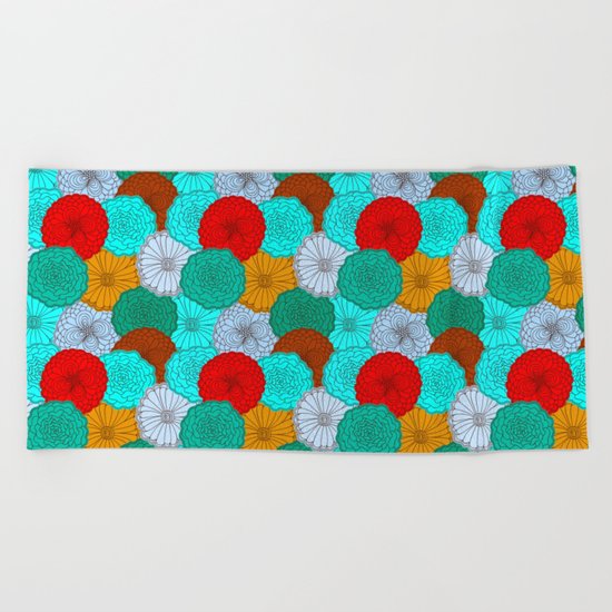 Bright Flowers, pattern in red, teal, green, violet, and gold Beach Towel