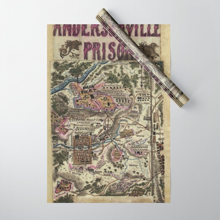 Infamous Andersonville Prison Camp (POW) Macon Country, Georgia detailed map of horrid conditions for Civil War Union prisoners vintage blueprint map Wrapping Paper