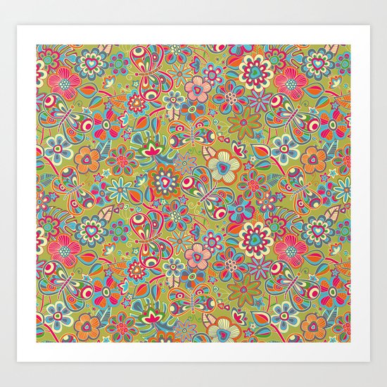 My butterflies and flowers. in green Art Print