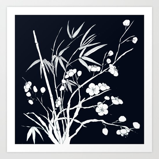 bamboo and plum flower white on black Art Print