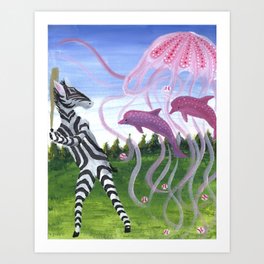 Zebra and the Jellyfish Play Ball Art Print