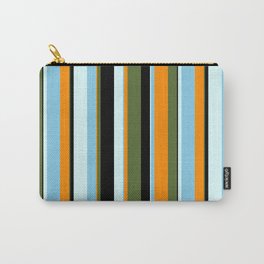 [ Thumbnail: Eyecatching Dark Olive Green, Dark Orange, Sky Blue, Light Cyan & Black Colored Lines Pattern Carry-All Pouch ]