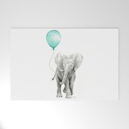 Baby Elephant with Aqua Balloon Welcome Mat