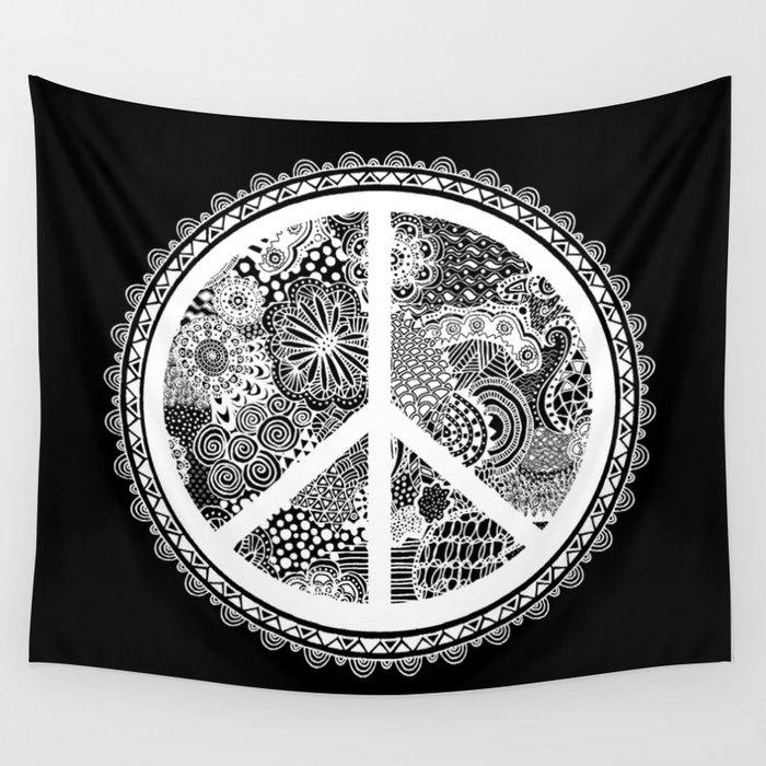 Zen Doodle Peace Symbol Black And White Wall Tapestry