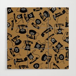Black Vintage Rotary Dial Telephone Pattern on Gold Brown Wood Wall Art