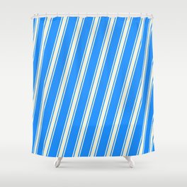 [ Thumbnail: Blue and Beige Colored Striped/Lined Pattern Shower Curtain ]