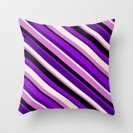 [ Thumbnail: Dark Violet, Indigo, Beige, Orchid, and Black Colored Pattern of Stripes Throw Pillow ]