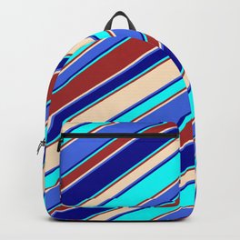 [ Thumbnail: Eye-catching Brown, Bisque, Royal Blue, Dark Blue & Cyan Colored Lined/Striped Pattern Backpack ]