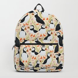Floral Puffins Backpack | Puffins, Sea Birds, Floral, Pattern, Bird, Wildlife, Coastal, Flowers, Birds, Puffin 