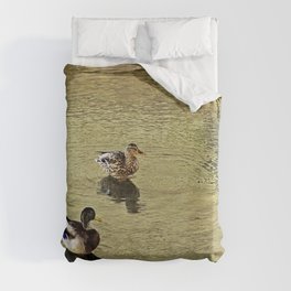Mallard Ducks Couple Relaxing Golden River Duvet Cover
