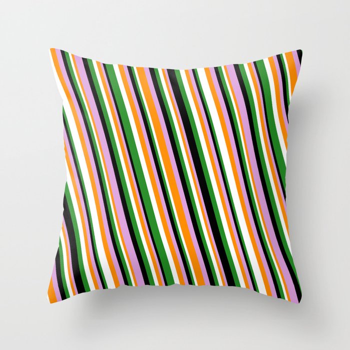 Eye-catching Forest Green, Black, Plum, Dark Orange, and White Colored Striped Pattern Throw Pillow