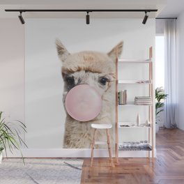 Baby Alpaca Blowing Bubble Gum, Pink Nursery, Baby Animals Art Print by Synplus Wall Mural
