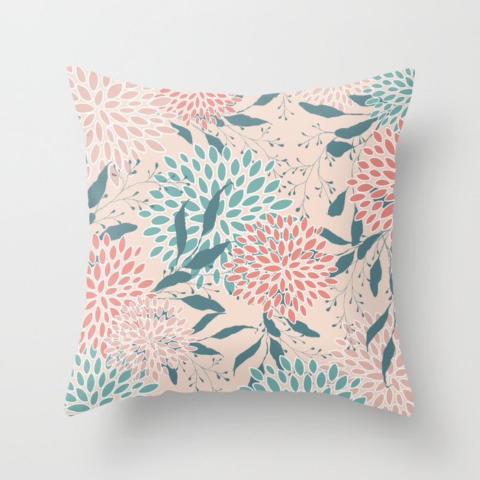 Floral Blooms and Leaves, Peach, Coral and Teal Throw Pillow