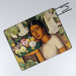Mujer con Fiores (Bell Flowers, Dahlia & Calla Lilies) Flower Seller portrait by Alfredo Martinez Picnic Blanket