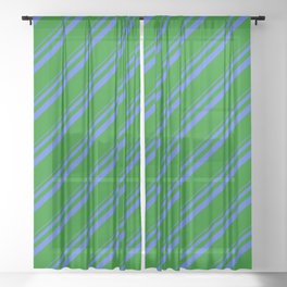 [ Thumbnail: Royal Blue and Green Colored Stripes/Lines Pattern Sheer Curtain ]