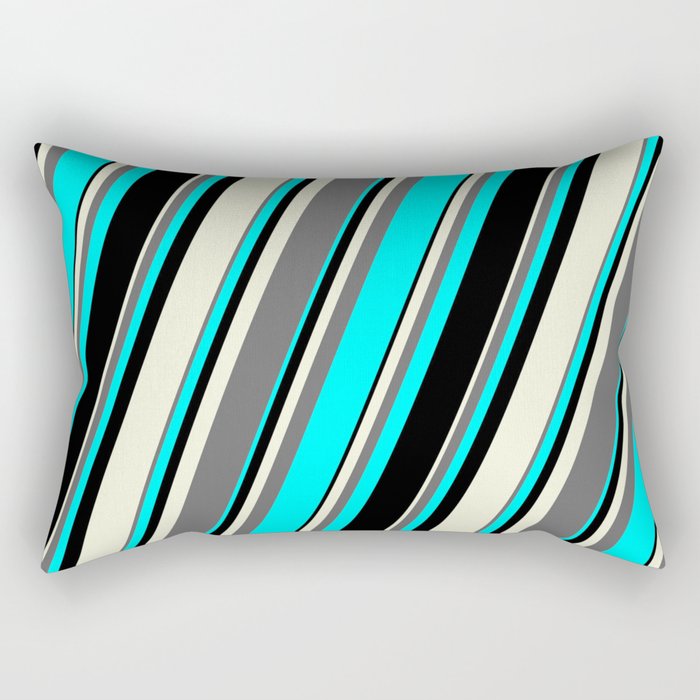 Beige, Dim Grey, Aqua & Black Colored Lines/Stripes Pattern Rectangular Pillow