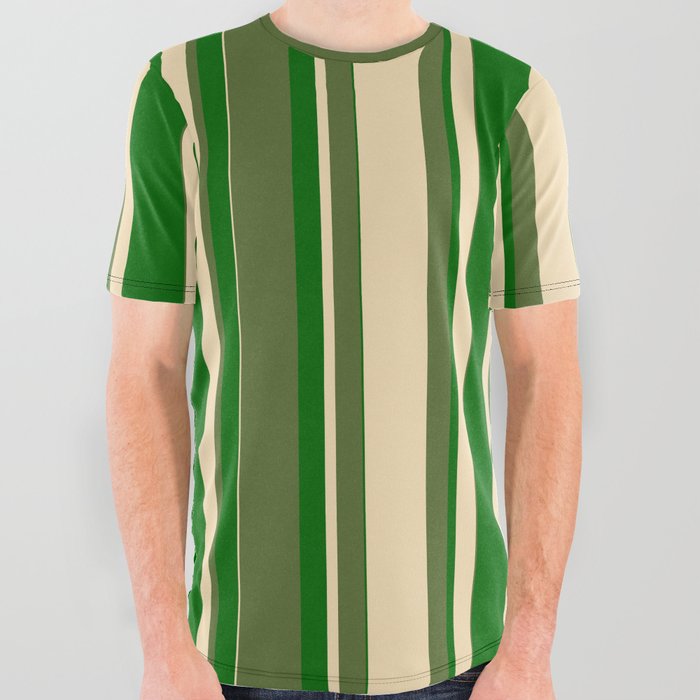 Dark Olive Green, Tan, and Dark Green Colored Lined/Striped Pattern All Over Graphic Tee
