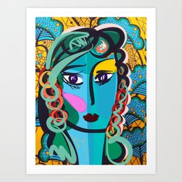 Blue Gypsy girl with African Pattern Art Print