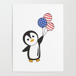 Penguin Flies Balloons Usa Cute Animals Penguins Poster