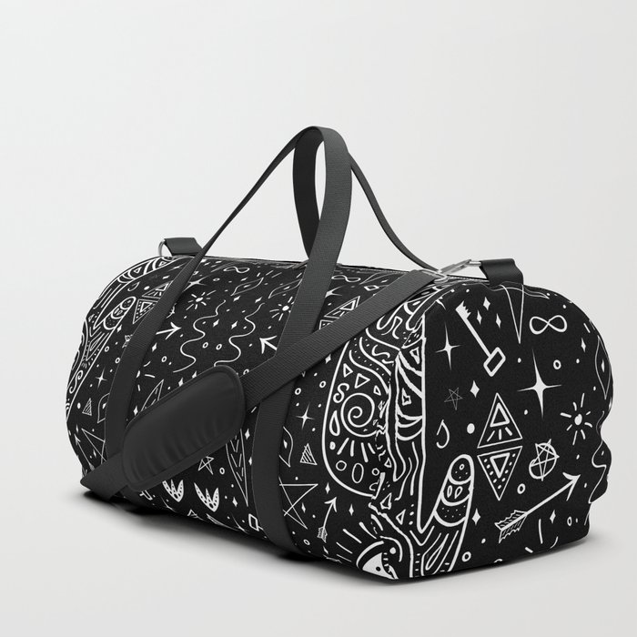 Black background occult pattern with mystical chalk signs Duffle Bag