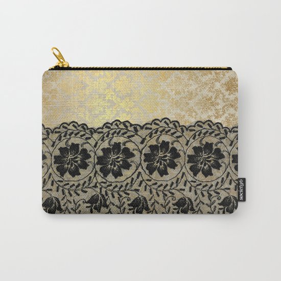 Black floral luxury lace on gold damask pattern Carry-All Pouch