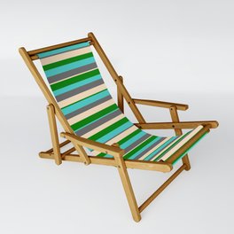 [ Thumbnail: Green, Turquoise, Dim Grey, and Bisque Colored Striped/Lined Pattern Sling Chair ]